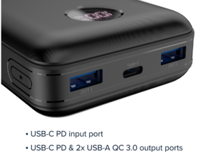 CANYON powerbanka PB-2002, 20000mAh Li-poly QC&PD, display, In USB-C, Out 1x USB-C + 2x USB-A, bílá