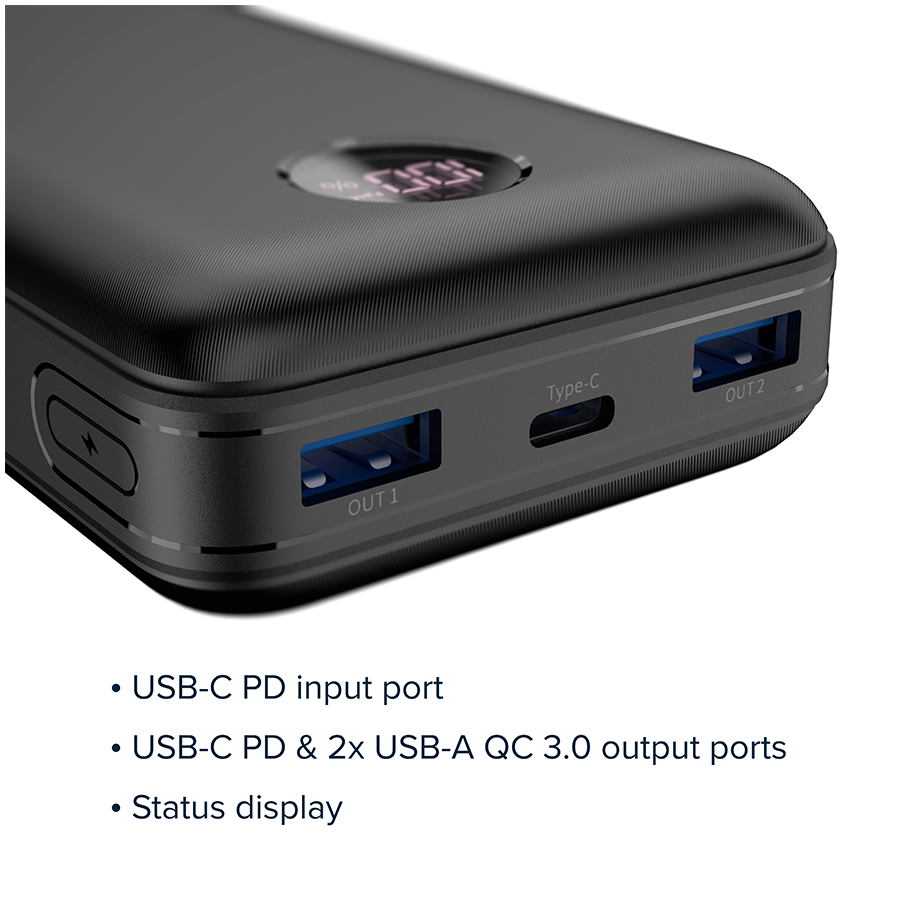 CANYON powerbanka PB-2002, 20000mAh Li-poly QC&PD, display, In USB-C, Out 1x USB-C + 2x USB-A, bílá