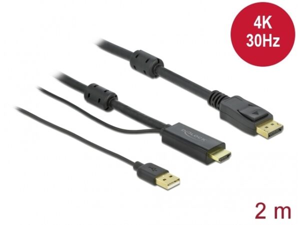 Delock - Kabel video/audio - HDMI, USB (pouze nap�jen�) s piny (male) do DisplayPort s piny (male) - 2 m - trojn�sobn� st�n�n� - �ern� - podporuje 4K