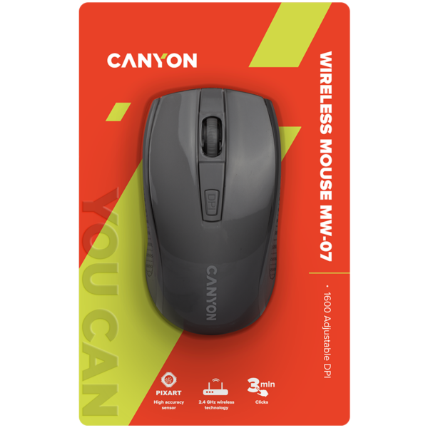 CANYON myš optická bezdrátová MW-7, nastavitelné rozlišení 800/1200/1600 dpi, 4 tl, USB dongle, 1xAA, černá - Image 5