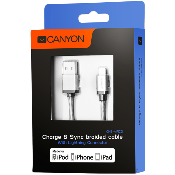 CANYON nabíjecí kabel Lightning MFI-3, opletený, Apple certifikát, délka 1m, tmavě šedý - Image 2