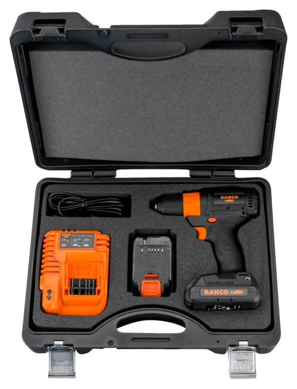 Bahco cordless drill set (2 batteries + charger) 18V brushless, 13mm chuck, 2 speeds and 10 torque settings