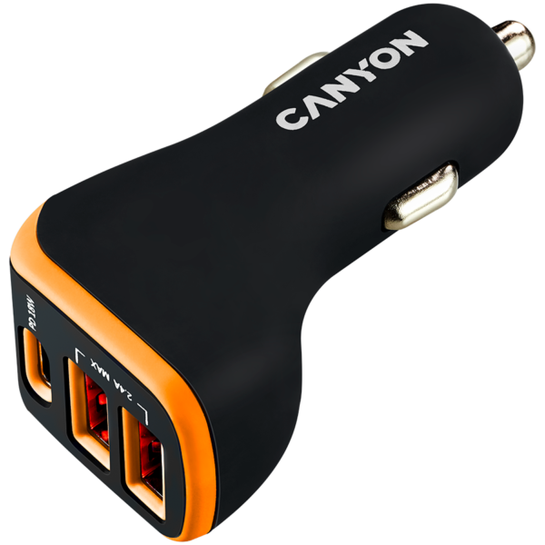 CANYON auto nabíječka C-08, 1xUSB-C (PD 18W) + 2xUSB-A, vstup 12V-24V,výstup 5V-2.4A, Smart IC,CE,RoHS - černo oranžová