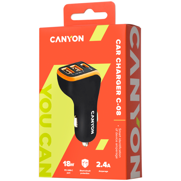 CANYON auto nabíječka C-08, 1xUSB-C (PD 18W) + 2xUSB-A, vstup 12V-24V,výstup 5V-2.4A, Smart IC,CE,RoHS - černo oranžová - Image 3