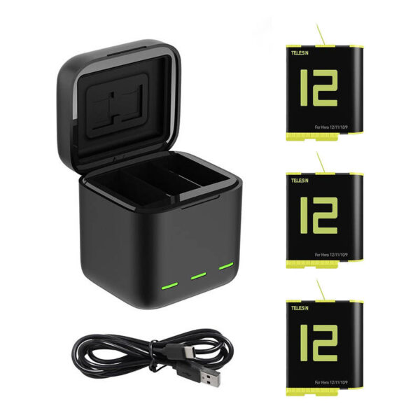 Box Telesin three-channel charger + 3 batteries for GoPro Hero 12 / 11 / 10 / 9 (GP-BNC-902-B) - Image 2