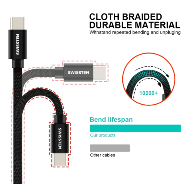 Swissten Textile Universal Quick Charge 3.1 USB-C Data and Charging Cable 20 cm - Image 4