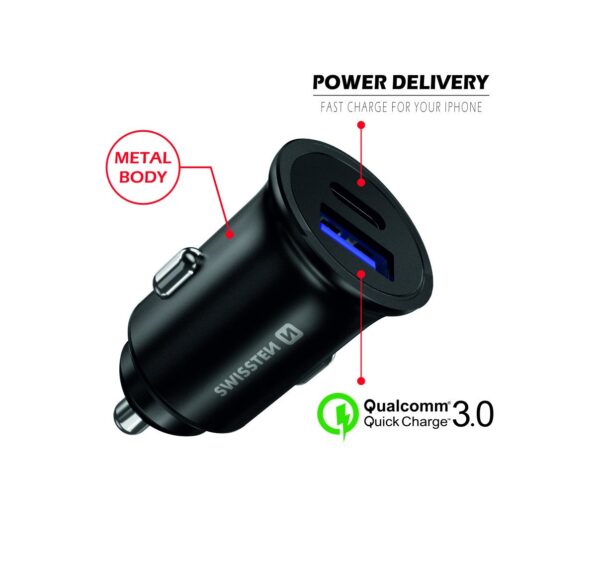 Swissten Metal Car Charger Adapter with Power Delivery USB-C + Quick Charge 3.0 / 36W For mobile phones and tablets - Image 3