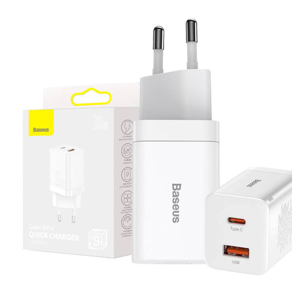 Baseus Travel Charger Super Si Pro mini Fast Charger, C+U, PD 3.0, QC 3.0 30W EU White (CCSUPP-E02)