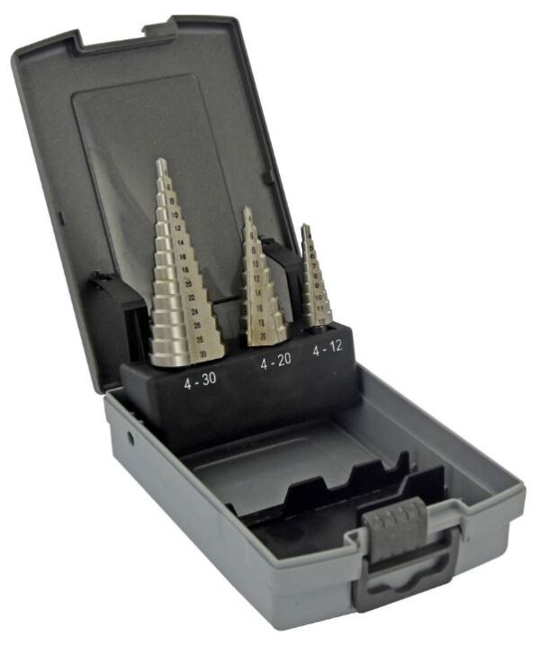 Step drills set Ø4-12mm / 4-20mm / 4-30mm, HSS. Straight flutes. Bright, uncoated