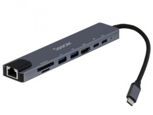 DOCKING Station Spacer universal 8 in 1, conectare Type-C, USB 3.0 x 2|USB Type C x 1|PD 87W x 1|HDMI x 1 4K (30Hz)|RJ-45 (1000Mb/s)| SD Cardx1| TF (MicroSD)x1, Gri, Aluminiu, "SPDS-TypeC-CHUPSG-8in1" (timbru verde 0.18 lei)