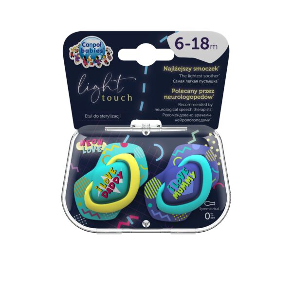 CANPOL BABIES silicone symmetrical soothers NEON LOVE, 6-18m, 2 pcs, 22/653_blu - Image 4