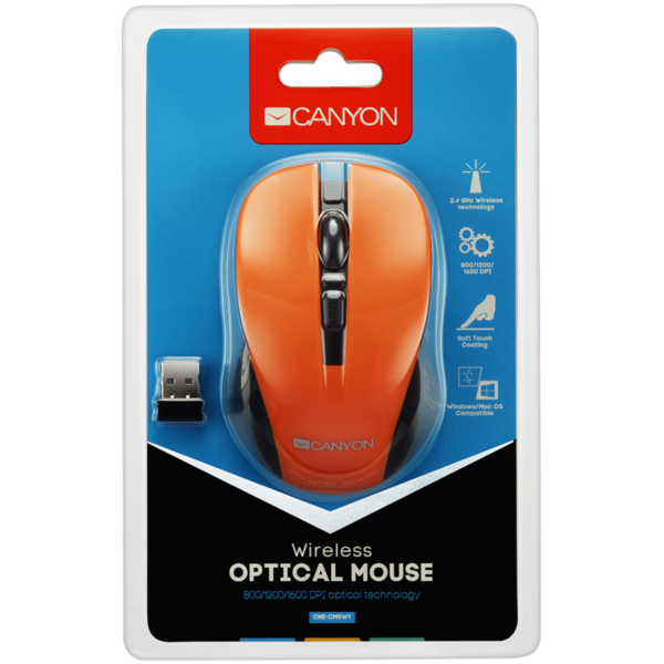 CANYON myš optická bezdrátová CMSW1, nastavitelné rozlišení 800/1000/1200 dpi, 4 tl, USB nano reciever, oranžová - Image 3