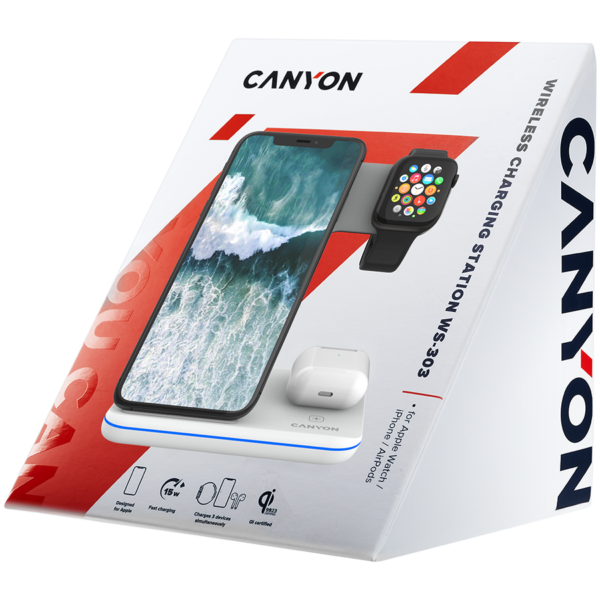 CANYON WS-303, 3in1 Wireless charger, with touch button for Running water light, Input 9V/2A, 12V/2A, Output 15W/10W/7.5W/5W, Type c to USB-A cable length 1.2m, 137*103*140mm, 0.22Kg, White - Image 7