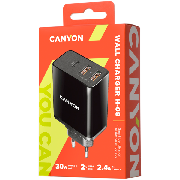 CANYON charger H-08 PD 30W USB-C 2USB-A Black - Image 2
