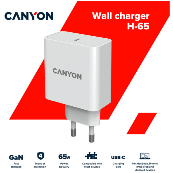 CANYON síťová nabíječka CH-65 (65W) PD, vstup 100-240V, výstup USB-C1/C2 5-20V, power delivery - Image 2