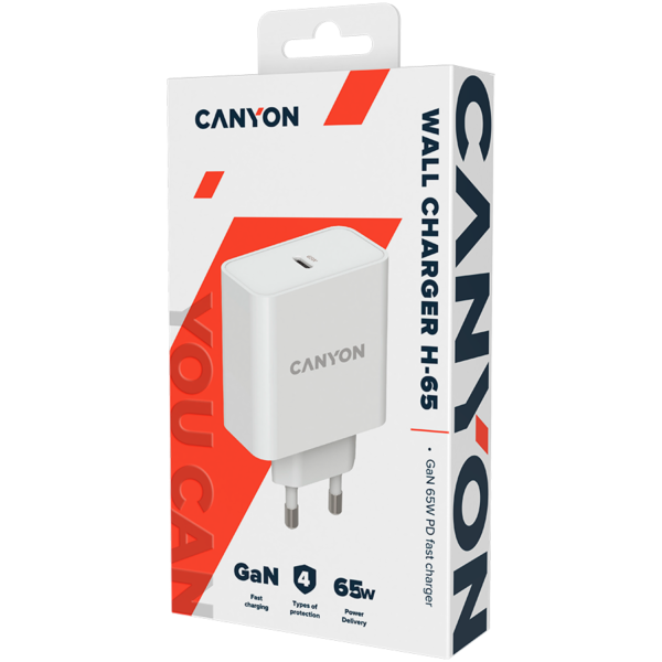 CANYON síťová nabíječka CH-65 (65W) PD, vstup 100-240V, výstup USB-C1/C2 5-20V, power delivery