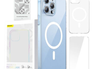 Phone case Baseus Magnetic Crystal Clear for iPhone 13 Pro (transparent) with all-tempered-glass screen protector and cleaning kit