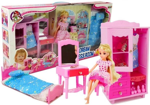 Doll + Furniture Set Bed Wardrobe Dressing table - Image 11