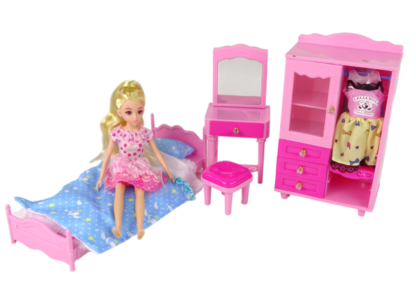 Doll + Furniture Set Bed Wardrobe Dressing table - Image 2