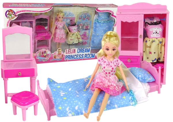 Doll + Furniture Set Bed Wardrobe Dressing table