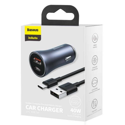 INCARCATOR auto Baseus Golden Contactor,1xUSB Output 5V/3A si 1xUSB Type-C Output 5V/3A,40W,cablu 5A USB la USB Type-C de 1m,pt. bricheta auto,gri "TZCCJD-0G" (timbru verde 0.8 lei)-6953156201958 - Image 15