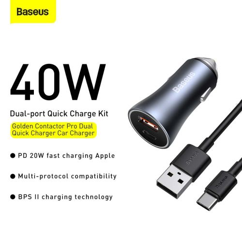 INCARCATOR auto Baseus Golden Contactor,1xUSB Output 5V/3A si 1xUSB Type-C Output 5V/3A,40W,cablu 5A USB la USB Type-C de 1m,pt. bricheta auto,gri "TZCCJD-0G" (timbru verde 0.8 lei)-6953156201958 - Image 6
