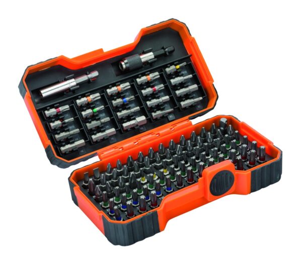 Bit set 1/4"x25mm 100 pcs colour coded with 2 adaptors PH,PH2G,PZ,SL,Hex,TORX,TORX TR,R