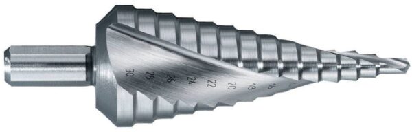 HSS Step Drill Ø4-30 mm. Step 2 mm. Helicoidal flute. Bright, uncoated (blister)