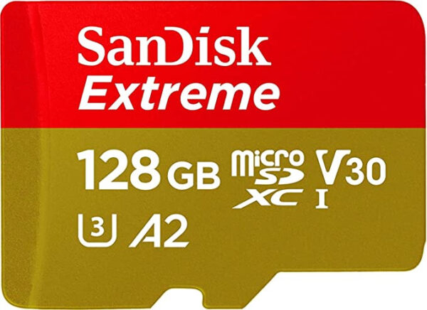 SanDisk Extreme microSDXC 128GB for Action Cams and Drones + SD Adapter + 1 year RescuePRO Deluxe up to 190MB/s & 90MB/s Read/Write speeds A2 C10 V30 UHS-I U3