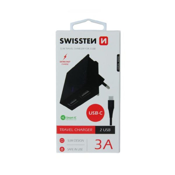 Swissten Síťový Adaptér Smart Ic 2X Usb 3A Power + Datový Kabel Usb / Type C 1,2 M Černý