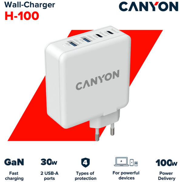 CANYON charger H-100 GaN PD 100W QC 3.0 30W White - Image 3