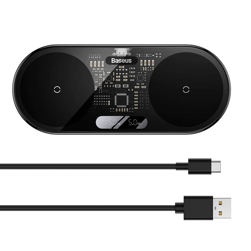 Baseus Wireless Charger Digital LED Display, Dual charging platform, with Type-C cable, 20W Black (WXSX010101) - Image 3