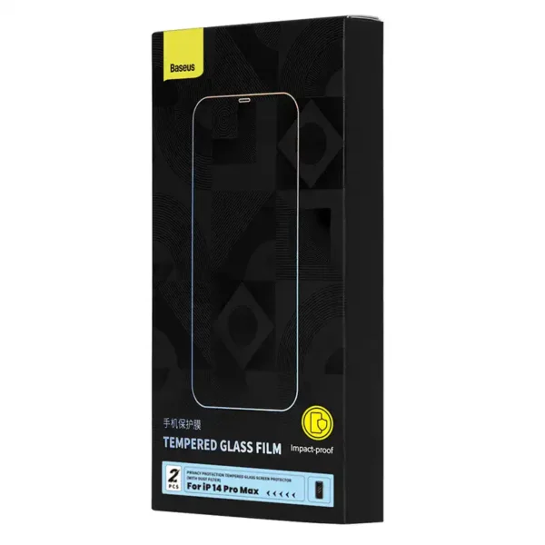 Privacy tempered Glass Baseus Iphone 14 Pro Max (2pcs) with 2 cleaning kits and dust-proof installation tool - Image 4