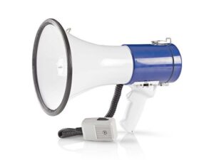 NEDIS megafon/ rozsah 1500m/ hlasitost 135dB/ odnímatelný mikrofon/ vestavěná siréna/ ramenní popruh/ bílo-modrý