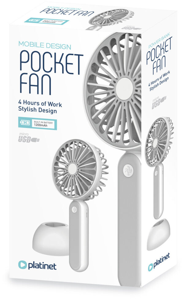 Platinet rechargeable fan 1200mAh, white/grey (45246)