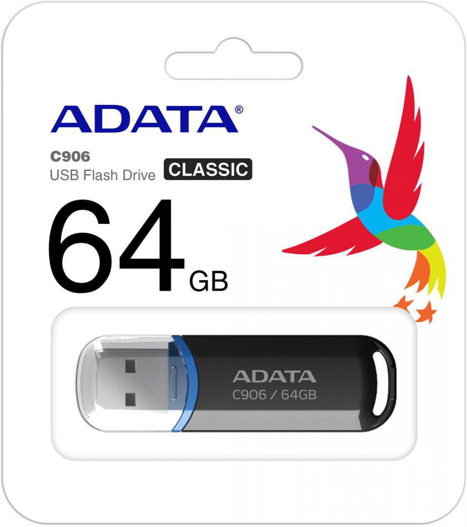 MEMORIE USB 2.0 ADATA 64 GB, cu capac, carcasa plastic, negru, "AC906-64G-RBK" (timbru verde 0.03 lei)