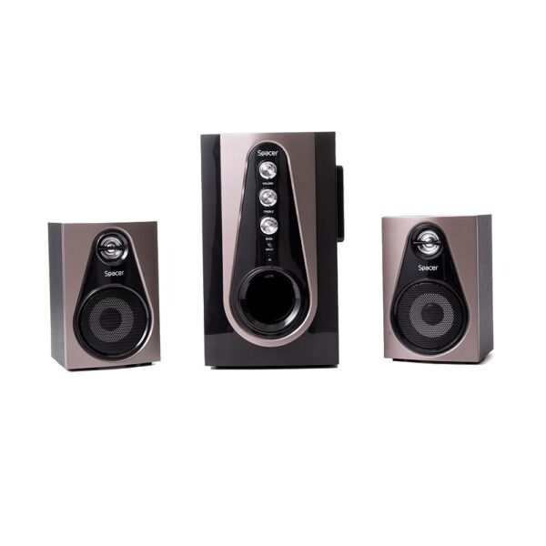 BOXE SPACER 2.1, RMS: 30W (2 x 5W + 20W), bluetooth telecomanda wireless, control volum, bass, treble, subwoofer lemn MDF, radio FM, USB stick, card SD,220V, RCA, "SPSK-21BT-PARIS" (timbru verde 4.00 lei)