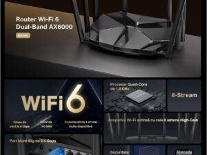 ROUTER MERCUSYS wireless 6000Mbps, 3 porturi LAN Gigabit, 1 port WAN 2.5 Gigabit, Dual Band AX6000 8 x antene externa, Wi-Fi 6, "MR90X" (timbru verde 0.8 lei)