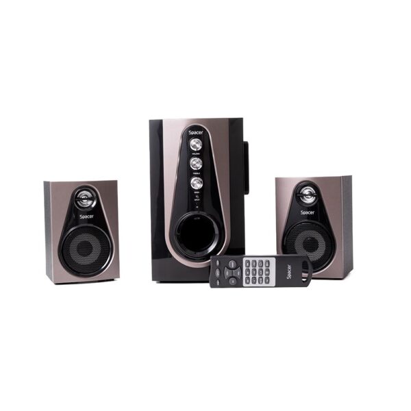 BOXE SPACER 2.1, RMS: 30W (2 x 5W + 20W), bluetooth telecomanda wireless, control volum, bass, treble, subwoofer lemn MDF, radio FM, USB stick, card SD,220V, RCA, "SPSK-21BT-PARIS" (timbru verde 4.00 lei) - Image 4