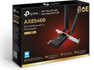 ADAPTOR RETEA TP-LINK AXE5400, extern wireless 2.4 GHz | 5 GHz | 6 Ghz, PCI-E port, 5400 Mbps, WI-FI 6E si Bluetooth 5.3, antena externa x 2, "Archer TXE72E" (timbru verde 0.18 lei)
