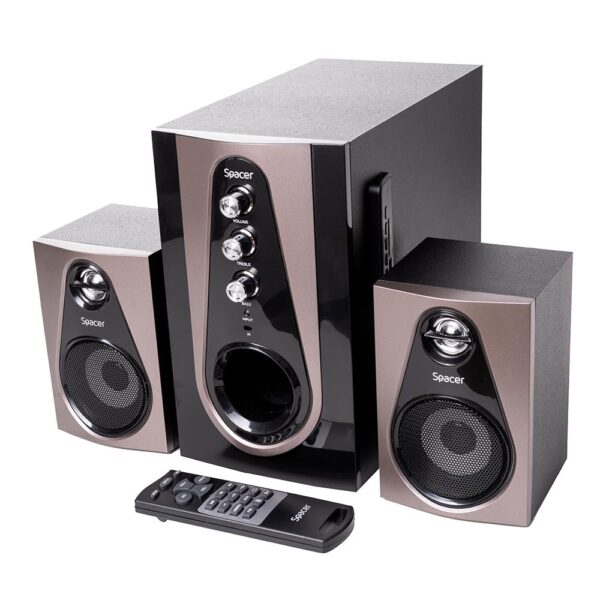 BOXE SPACER 2.1, RMS: 30W (2 x 5W + 20W), bluetooth telecomanda wireless, control volum, bass, treble, subwoofer lemn MDF, radio FM, USB stick, card SD,220V, RCA, "SPSK-21BT-PARIS" (timbru verde 4.00 lei) - Image 5
