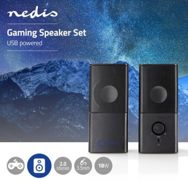 NEDIS herní reproduktory/ 2.0/ výkon 18 W/ 3,5 mm jack/ USB/ ABS/ černé