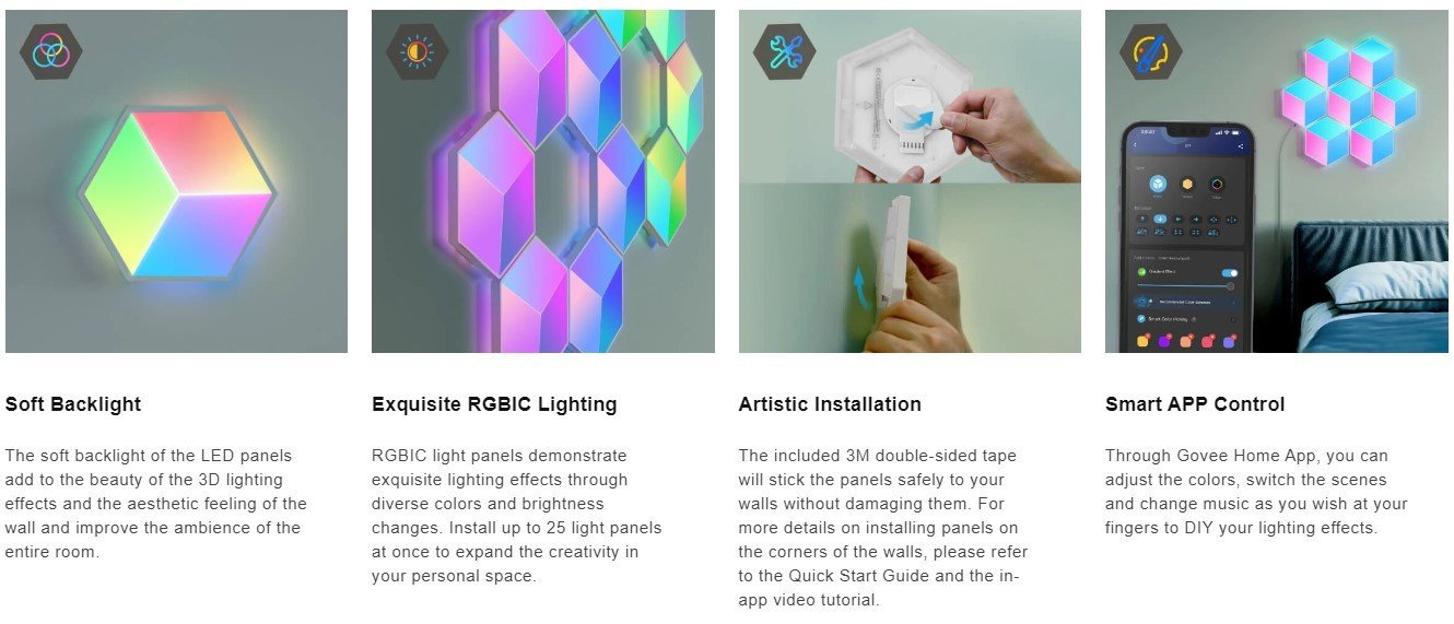 Govee B6066 Hexa Pro RGBIC LED Smart Panel Bluetooth / Wi-Fi / 10pcs - Image 8
