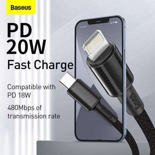 CABLU alimentare si date Baseus High Density Braided, Fast Charging Data Cable pt. smartphone, USB Type-C la Lightning PD 20W, braided, 2m, negru "CATLGD-A01" (timbru verde 0.18 lei) - 6953156231948 - Image 9