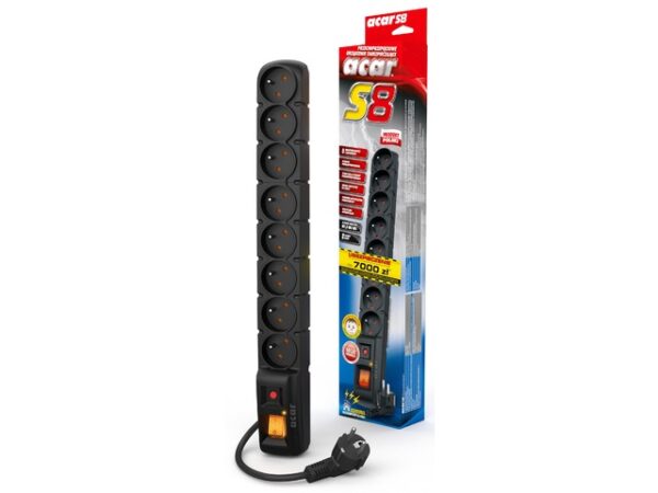 Acar S8 3m kabel, 8 zásuvek, přepěťová ochrana, černá - Image 2