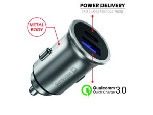 Swissten 36W Metal Car Charger Adapter with Power Delivery USB-C + Quick Charge 3.0 For mobile phones and tablets