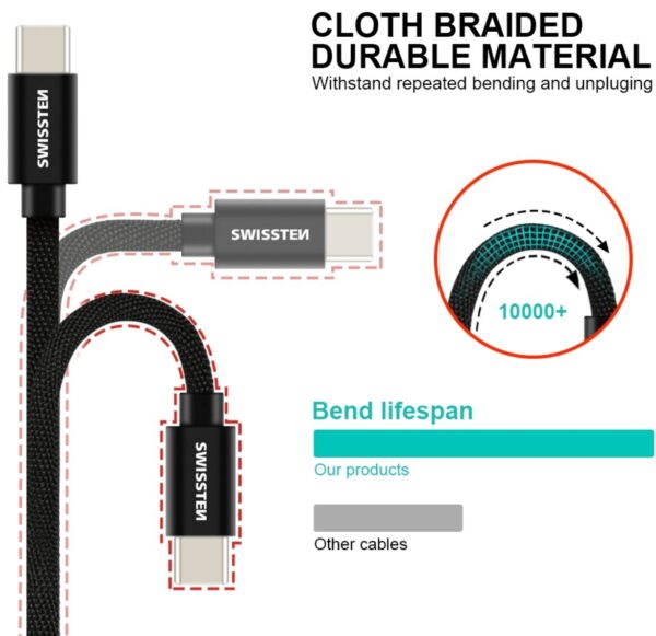 Swissten Textile Universal Quick Charge 3.1 USB-C Data and Charging Cable 2m - Image 5