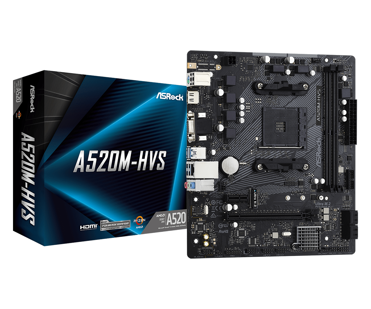 PLACA de BAZA Asrock "A520M-HVS", skt AM4, mATX, AMD A520, 2 x DDR4, max. 64 GB, 4 x SATA, 1 x M.2, 7.1, "A520M-HVS"
