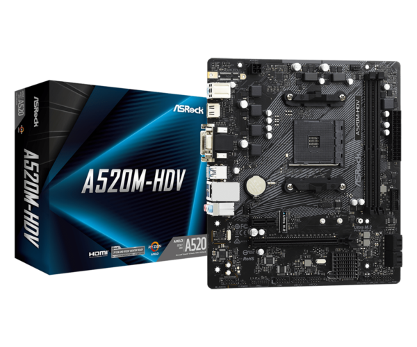 ASROCK Main Board Desktop A520M-HDV (AM4, 2xDDR4, PCIe 3.0 x16,PCIe 3.0 x1, M.2, 4 SATA3, D-Sub, DVI, HDMI, mATX, retail)