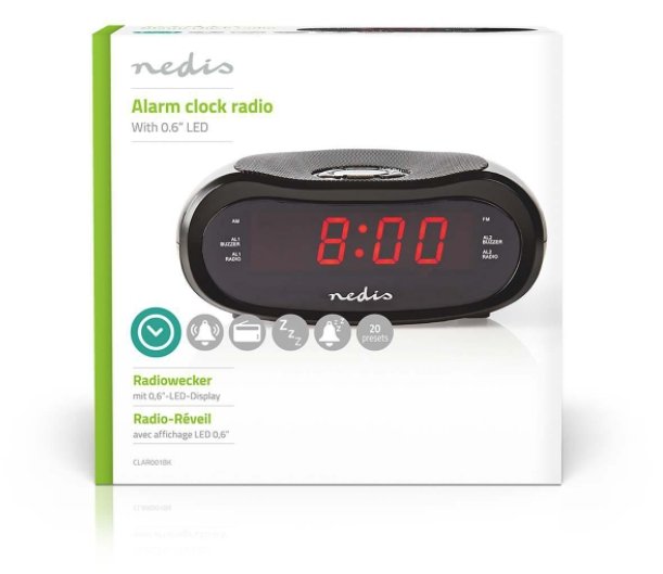 NEDIS digitální budík s rádiem/ LED displej/ AM/ FM/ funkce odloženého buzení/ časovač vypnutí/ 2 alarmy/ černý